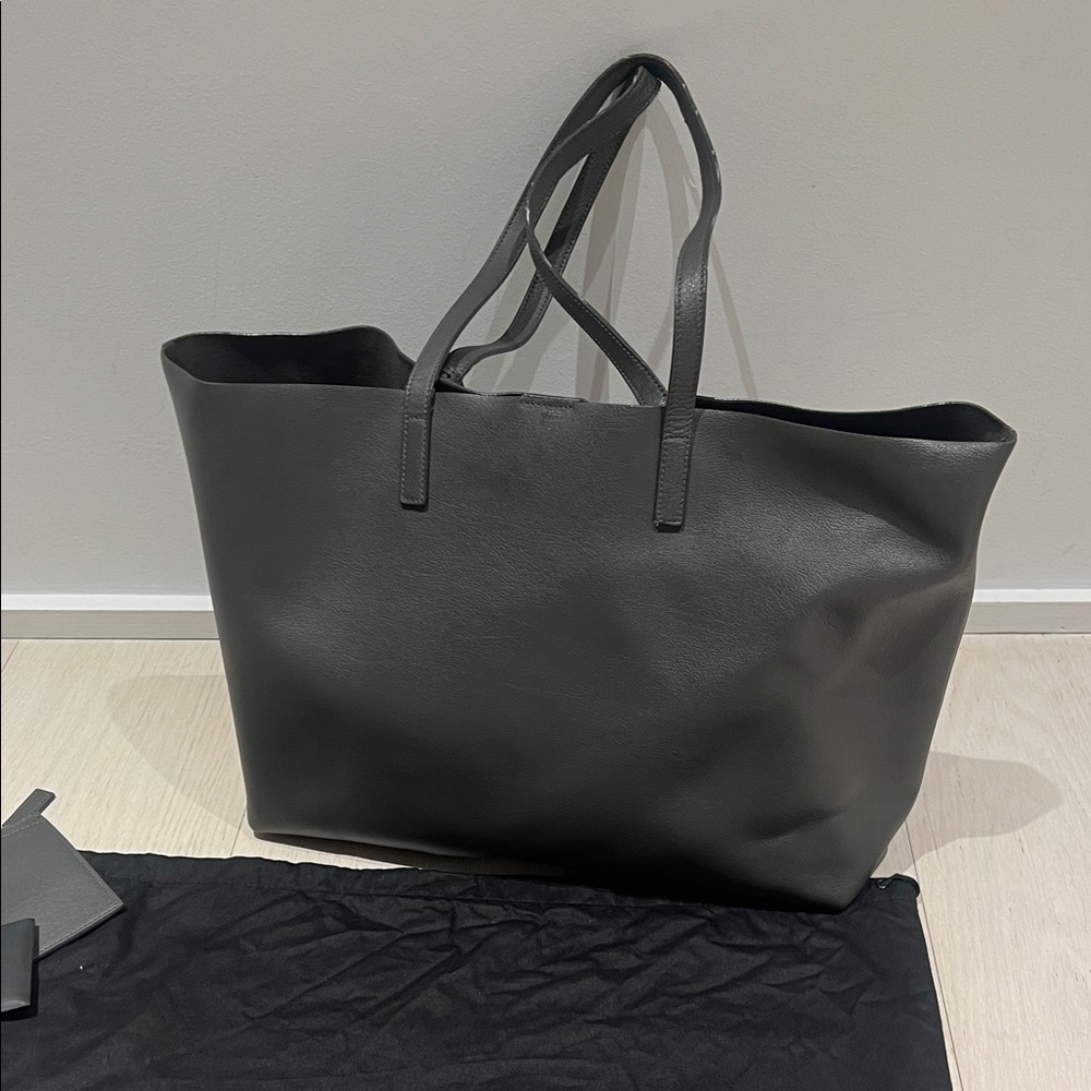 Saint Laurent Dark Gray Leather Tote with Pouch